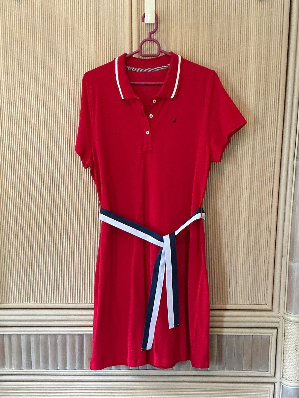 Nautica Red Polo Midi Dress with Striped Contrast Belt